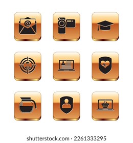 Set Mail and e-mail, Coffee pot, User protection, Laptop with resume, Head hunting and Graduation cap icon. Vector