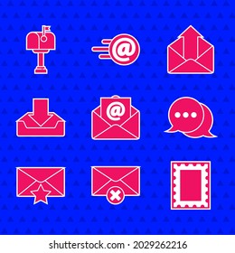 Set Mail and e-mail, Delete envelope, Postal stamp, Speech bubble chat, Envelope with star, Download inbox, Outgoing and  icon. Vector