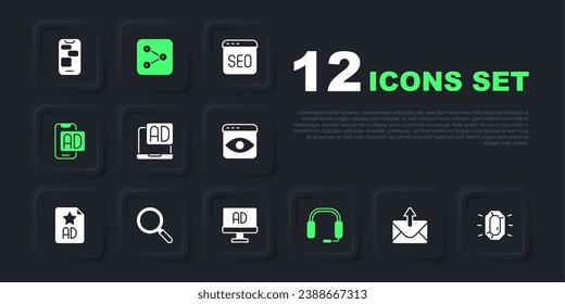 Set Mail and e-mail, Diamond, Advertising, Headphones, Magnifying glass, Share and  icon. Vector