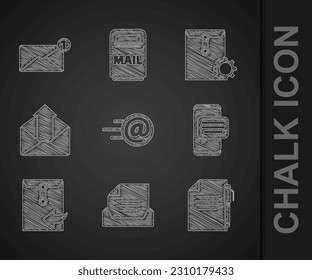 Set Mail and e-mail, Drawer with document, Document pen, Chat messages notification on phone, Envelope, Outgoing, setting and  icon. Vector