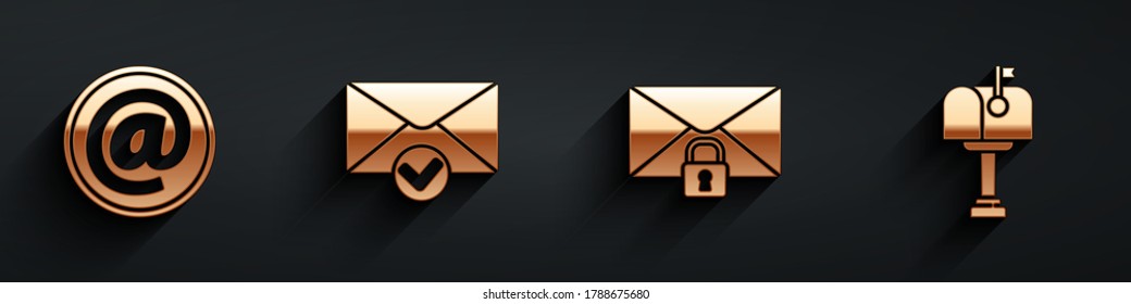 Establecer correo y correo electrónico, sobre y marca de verificación, contraseña de bloqueo de mensajes de correo y icono de cuadro Correo con sombra larga. Vector