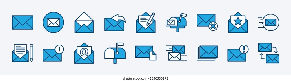 Set of mail, e-mail, envelope, E-mail icon. Contains new message, all newsletter, sent, open, write, reply, delete, favorite, send, mailbox, draft, response, chat, spam, post, receive, inbox. Vector