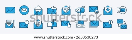 Set of mail, e-mail, envelope, E-mail icon. Contains new message, all newsletter, sent, open, write, reply, delete, favorite, send, mailbox, draft, response, chat, spam, post, receive, inbox. Vector