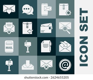 Set Mail and e-mail, Envelope, with magnifying glass, Mobile envelope, Delete, Valentine heart and  icon. Vector