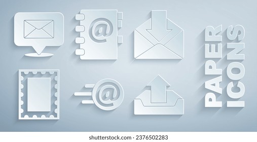 Set Mail and e-mail, Envelope, Postal stamp, Upload inbox, Address book and Speech bubble with envelope icon. Vector