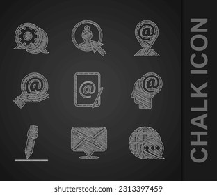 Set Mail and e-mail, Envelope, World map made from speech bubble, Pencil with eraser, in hand, Location and Speech chat icon. Vector