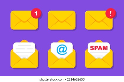 Set of mail and email envelopes. Opened and closed envelope with a document. Letter in envelope. Incoming new message. Spam email. Vector illustration.