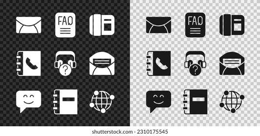 Set Mail and e-mail, FAQ information, Telephone handset, Smile face, Notebook, Global technology, Phone and Headphones with question icon. Vector