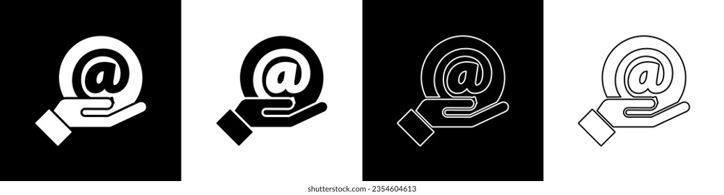Establece el icono Correo y el correo electrónico en la mano aislados en el fondo blanco y negro. Correo electrónico con símbolo de sobres. Señal de mensaje de correo electrónico.  Ilustración vectorial