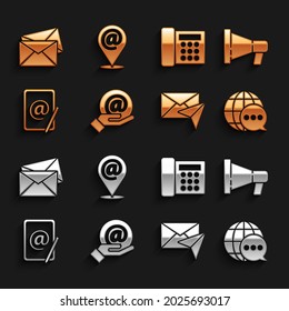 Set Mail and e-mail in hand, Megaphone, World map made from speech bubble, Envelope, Telephone,  and Location icon. Vector