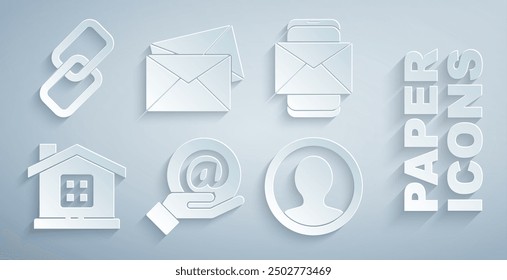 Set Mail and e-mail in hand, Mobile envelope, House, Create account screen, Envelope and Chain link icon. Vector