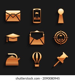 Set Mail and e-mail, Hot air balloon, Push pin, Head hunting, Kettle with handle and Graduation cap icon. Vector