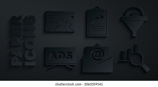 Set Mail and e-mail, Lead management, Advertising, Magnifying glass analysis, Clipboard with graph chart and Browser setting icon. Vector