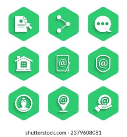 Set Mail and e-mail, Location, in hand, Shield with, Create account screen, House, Speech bubble chat and Document cursor icon. Vector