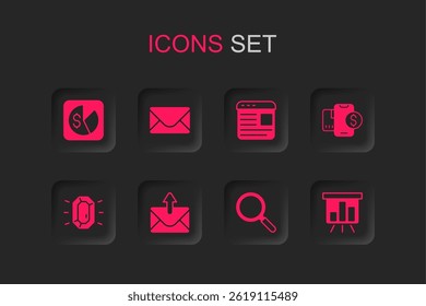 Set Mail and e-mail, Market analysis, Magnifying glass, Mobile with dollar, Board graph chart, Advertising and Diamond icon. Vector