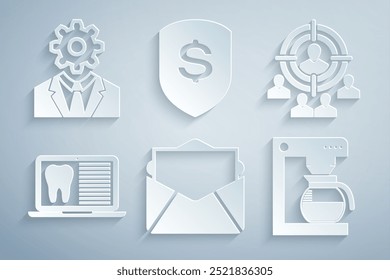 Set Mail and e-mail, Marketing target strategy, Laptop with dental card, Coffee machine pot, Shield dollar and Head gear inside icon. Vector