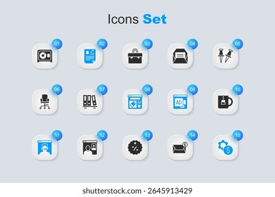 Set Mail and e-mail, Office folders, Resume, Telephone 24 hours support, Gear with dollar symbol, Cup of tea, Safe and Online shopping screen icon. Vector