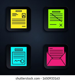 Set Mail and e-mail, Personal document, Filled form and Delete file document. Black square button. Vector