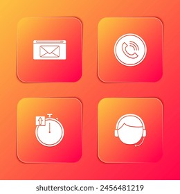 Establecer correo y correo electrónico, llamada de teléfono, cronómetro y hombre con el icono de auriculares. Vector