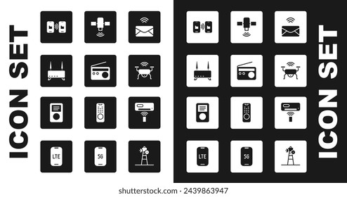 Set Mail and e-mail, Radio, Router wi-fi signal, Data transfer storage, Smart drone system, Satellite, Air conditioner and Music player icon. Vector