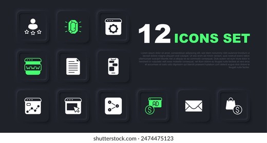 Set Mail and e-mail, shopping bag dollar, File document, Advertising, Browser window, Diamond and Share icon. Vector