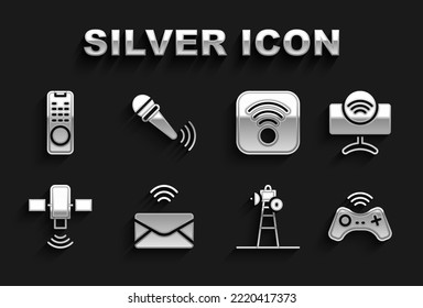 Set Mail and e-mail, Smart Tv system, Wireless gamepad, Satellite dish, Wi-Fi wireless internet, Remote control and microphone icon. Vector