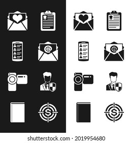 Set Mail and e-mail, Smartphone with contacts, Envelope Valentine heart, Clipboard dental card, Cinema camera and User protection icon. Vector