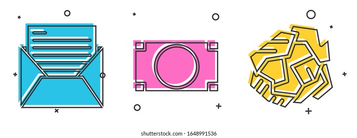 Set Mail and e-mail, Stacks paper money cash and Crumpled paper ball icon. Vector