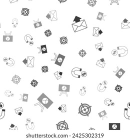 Set Mail and e-mail, Target, Magnet with money and Board graph chart on seamless pattern. Vector