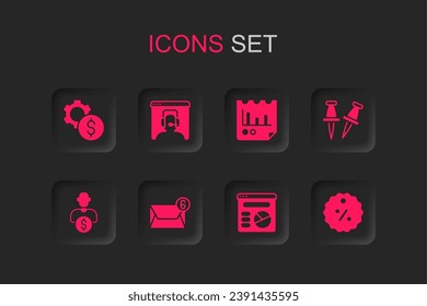 Set Mail and e-mail, Telephone 24 hours support, Gear with dollar symbol, Pie chart infographic, Push pin, Discount percent tag, Document and Business investor icon. Vector