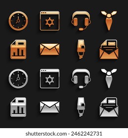Set Mail and e-mail, Tie, Marker pen, Document with graph chart, Headphones, Clock and Browser setting icon. Vector
