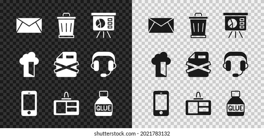 Establecer correo y correo electrónico, Trash can, Board con gráfica, teléfono móvil, insignia de identificación, Glue, base de datos en la nube e icono de documento de archivo Delete. Vector