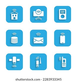 Set Mail and e-mail, Usb wireless adapter, Mobile with wi-fi, Satellite, Smart data server, Music player and home icon. Vector