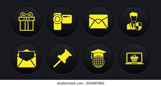 Set Mail and e-mail, User protection, Push pin, Graduation cap globe, Envelope with Valentine heart and Cinema camera icon. Vector