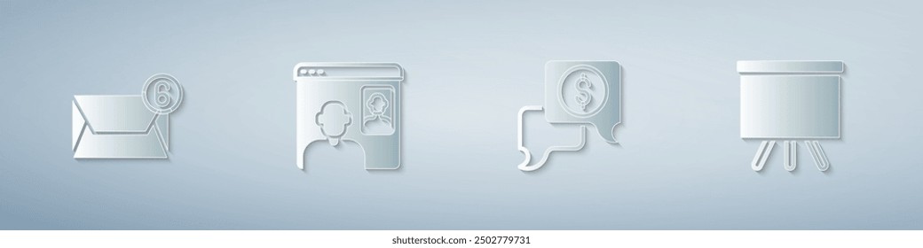 Set Mail and e-mail, Video chat conference, Business negotiations and Chalkboard. Paper art style. Vector