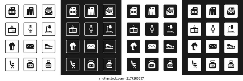 E-Mail und E-Mail, Armbanduhr, Identifizierungszeichen, Löschen des Dateidokuments, Tischlampe, Papierfräser, Stapler und Cloud-Datenbank-Symbol. Vektorgrafik