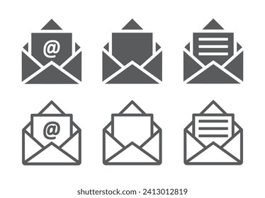 Conjunto de env de correo
iconos de elope. Símbolo de correo electrónico, signo de boletín, dirección de correo electrónico abierta. Pictograma de sobre abierto, servicios de correo. Vector.