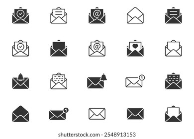 Set of mail envelope icon. Closed envelope, opened letter, with checkmark and email. E-mail icon, sign of an incoming unopened message. Folded and unfolded envelope mockup. Vector illustration