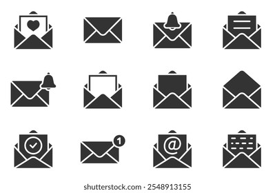 Set of mail envelope icon. Closed envelope, opened letter, with checkmark and email. E-mail icon, sign of an incoming unopened message. Folded and unfolded envelope mockup. Vector illustration