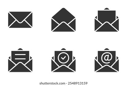 Set of mail envelope icon. Closed envelope, opened letter, with checkmark and email. E-mail icon, sign of an incoming unopened message. Folded and unfolded envelope mockup. Vector illustration