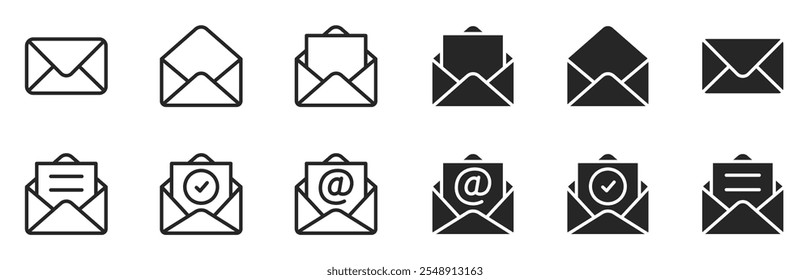 Set of mail envelope icon. Closed envelope, opened letter, with checkmark and email. E-mail icon, sign of an incoming unopened message. Folded and unfolded envelope mockup. Vector illustration