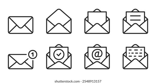 Set of mail envelope icon in linear style. Closed envelope, opened letter, with checkmark and email. Editable stroke. E-mail icon, sign of an incoming unopened message. Vector illustration