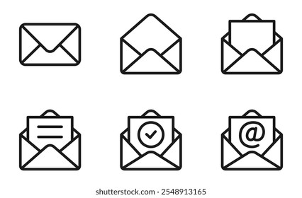 Set of mail envelope icon in linear style. Closed envelope, opened letter, with checkmark and email. Editable stroke. E-mail icon, sign of an incoming unopened message. Vector illustration