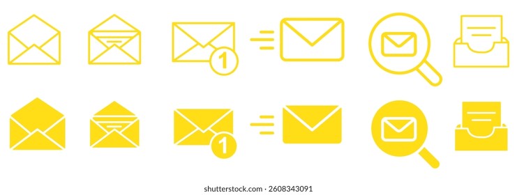 Set of mail envelope icon in linear style. Closed envelope, opened letter, with checkmark and email. Editable stroke. E-mail icon, sign of an incoming unopened message. Vector illustration