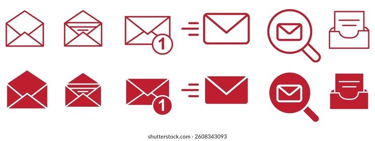 Set of mail envelope icon in linear style. Closed envelope, opened letter, with checkmark and email. Editable stroke. E-mail icon, sign of an incoming unopened message. Vector illustration