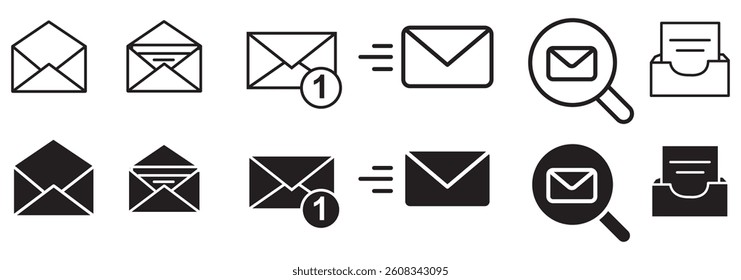 Set of mail envelope icon in linear style. Closed envelope, opened letter, with checkmark and email. Editable stroke. E-mail icon, sign of an incoming unopened message. Vector illustration