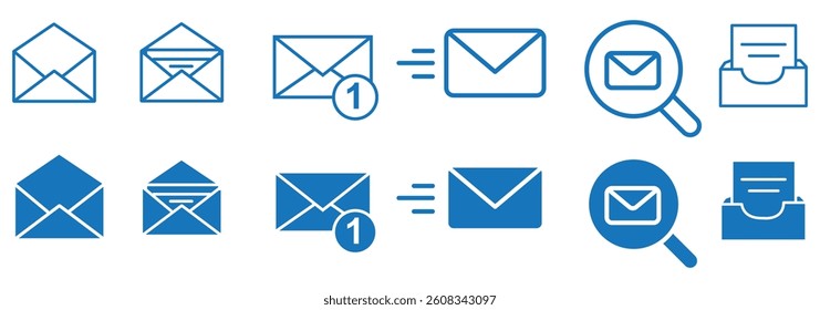 Set of mail envelope icon in linear style. Closed envelope, opened letter, with checkmark and email. Editable stroke. E-mail icon, sign of an incoming unopened message. Vector illustration