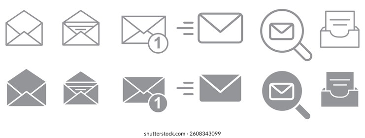 Set of mail envelope icon in linear style. Closed envelope, opened letter, with checkmark and email. Editable stroke. E-mail icon, sign of an incoming unopened message. Vector illustration