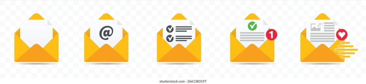 Set of mail envelope icon. A yellow digital envelope with a red notification.Envelope symbol with letter.opened letter, with check mark and email. postal letter and others. Vector illustration.