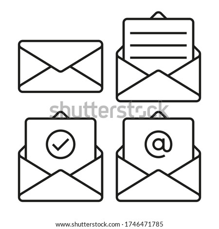 Set of mail envelope icons. Closed envelope, open with a letter, with a check mark and email. Outline vector icon with editable stroke